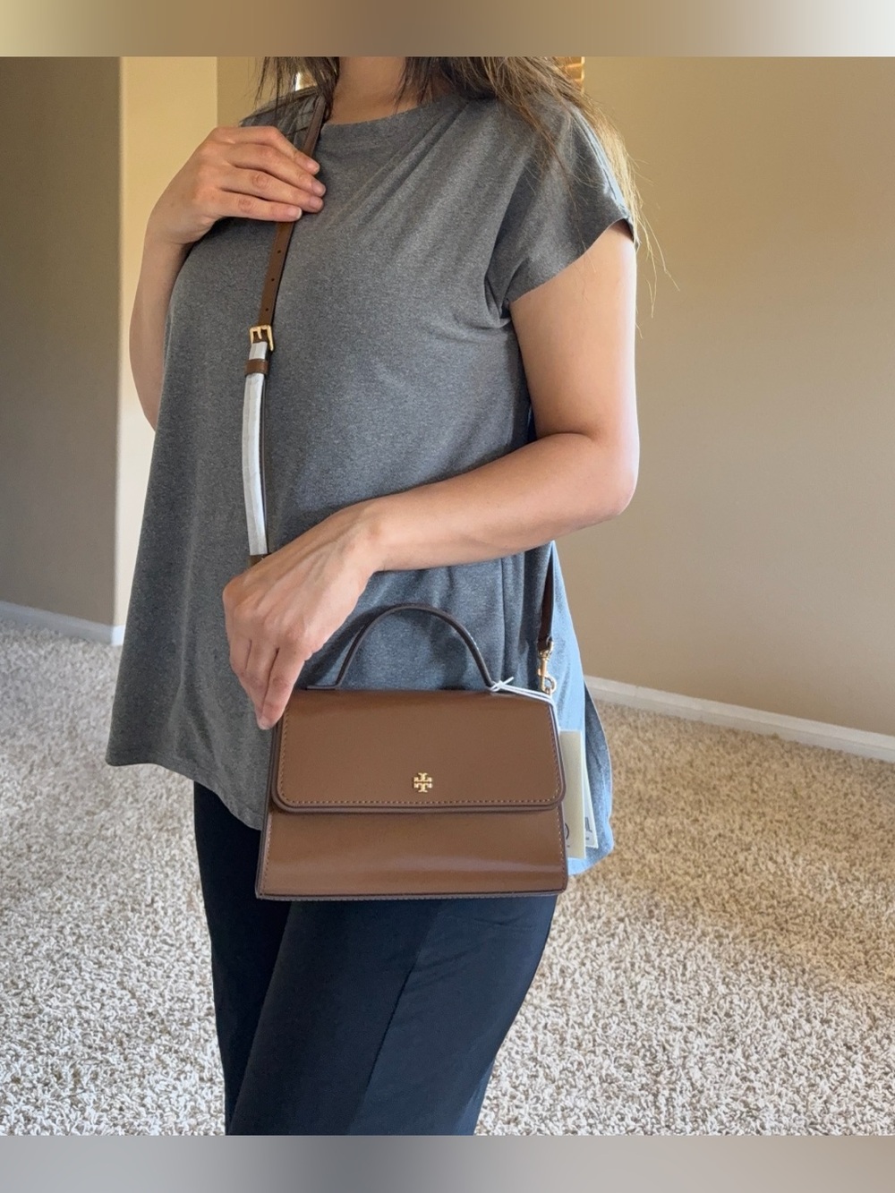 NWT , authentic Tory Burch Emerson smooth mini too handle brown /tan - Picture 11 of 12